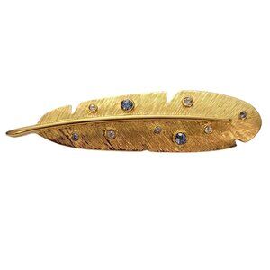 Monet Gold Tone Blue & Clear Rhinestone Feather Brooch Pin, Signed E857